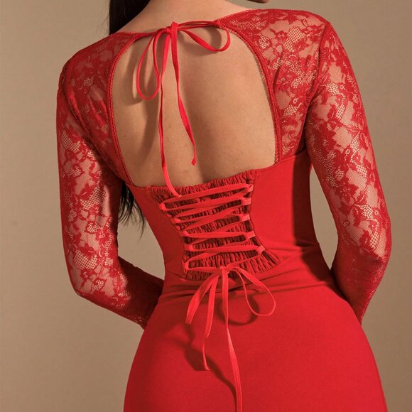 Red Elegant Women's Long Sleeve Lace Color-Block Crew Neck mini Dress - Picture 7 of 7
